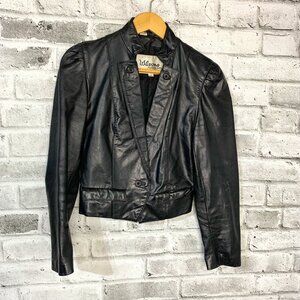 Vintage 80s 90s Wilsons Black Leather Puff Sleeve Cropped Moto Jacket